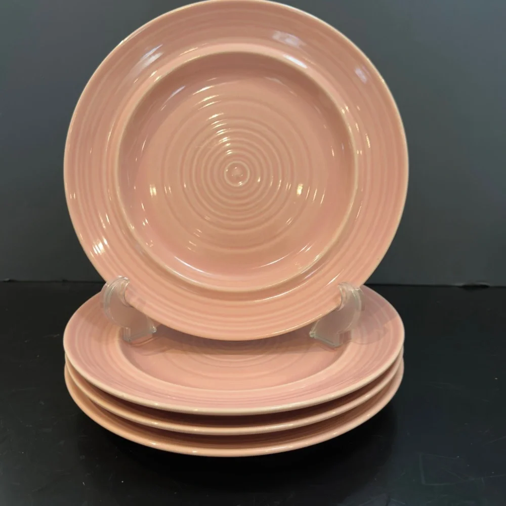 4 Signature Carnivale  Rose Pink 8” Plates Embossed Rings Stoneware Japan Set 4